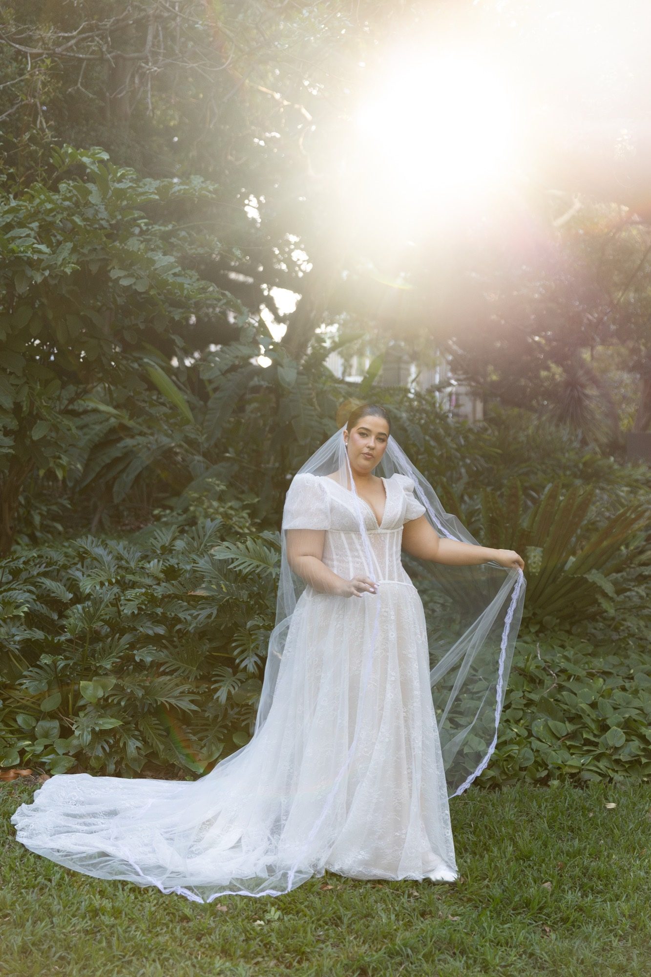 The bride holding out her lace-edged veil in golden afternoon light, Brisbane