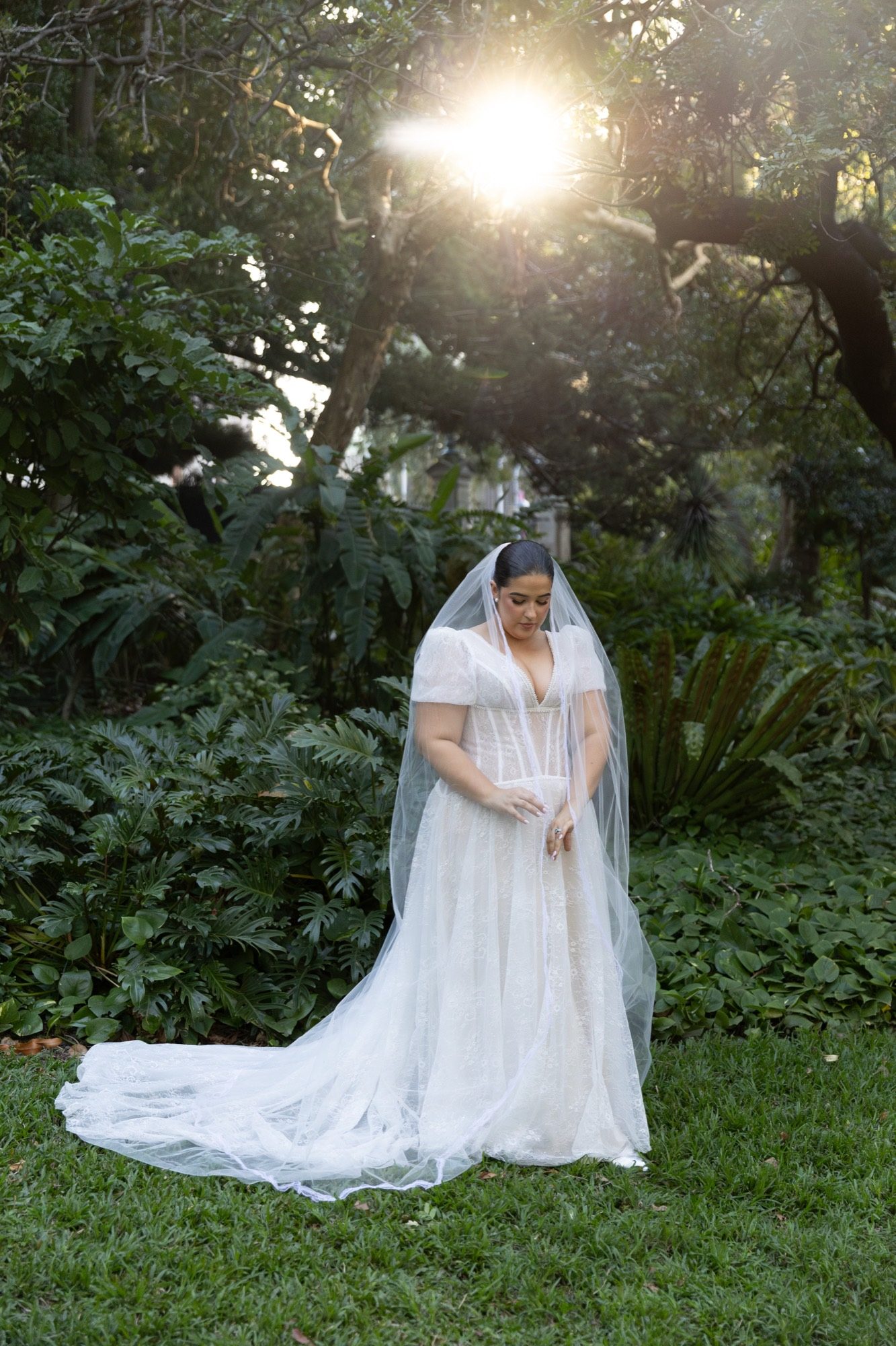 Quiet bridal portrait in backlit garden light, Brisbane